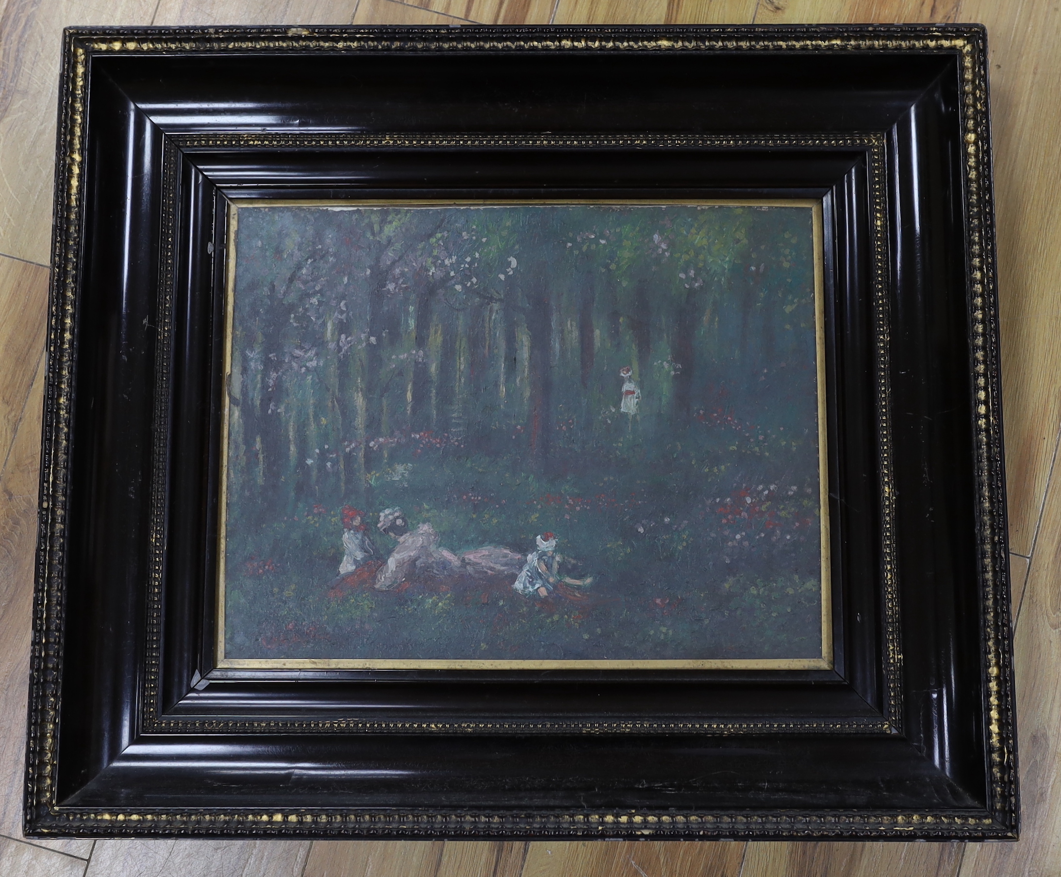 Impressionist oil on board, Figures in a woodland glade, ebonised and gilded frame, 35 x 45cm